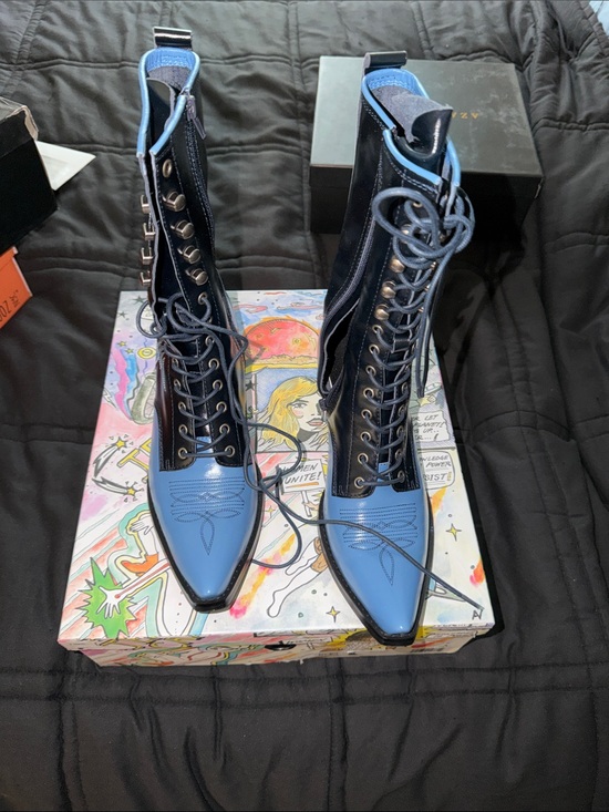 Jeffrey Campbell Shoes - Jeffrey Campbell Two-Tone Pointed Toe Lace-Up Boots in Blue and Black